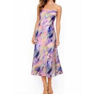 BHLDN Watercolor Strapless Midi Dress Pastel Slip Bias Cut Wedding Guest Size XS